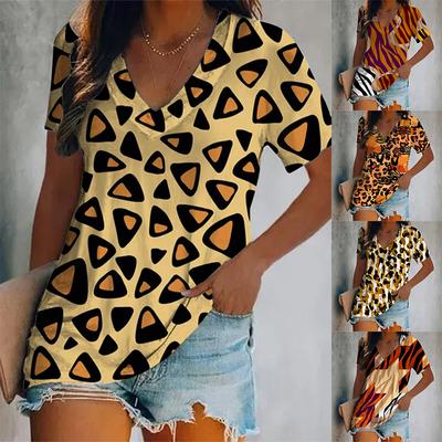2024 New Women's Short-Sleeved T-Shirt V-Neck Printed Tiger Stripe Pattern Oversized Women's Blouse Y2K Style Breathable T-Shirt