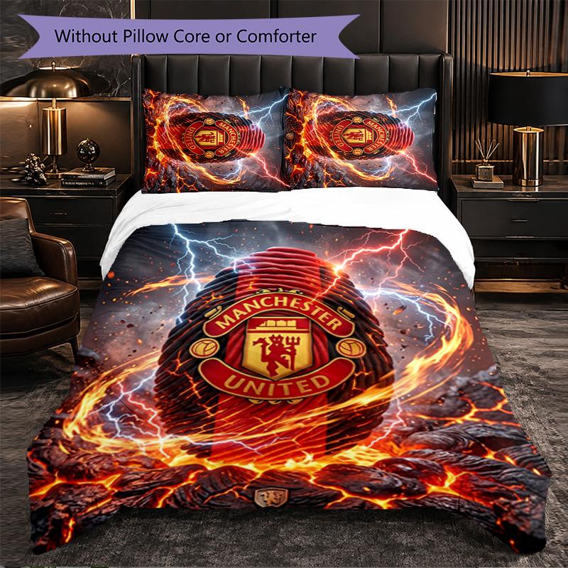 Juego de Cama de 3 Piezas con Patrón del Manchester United Suave Microfibra Funda Nórdica con Fundas de Almohada para Dormitorio