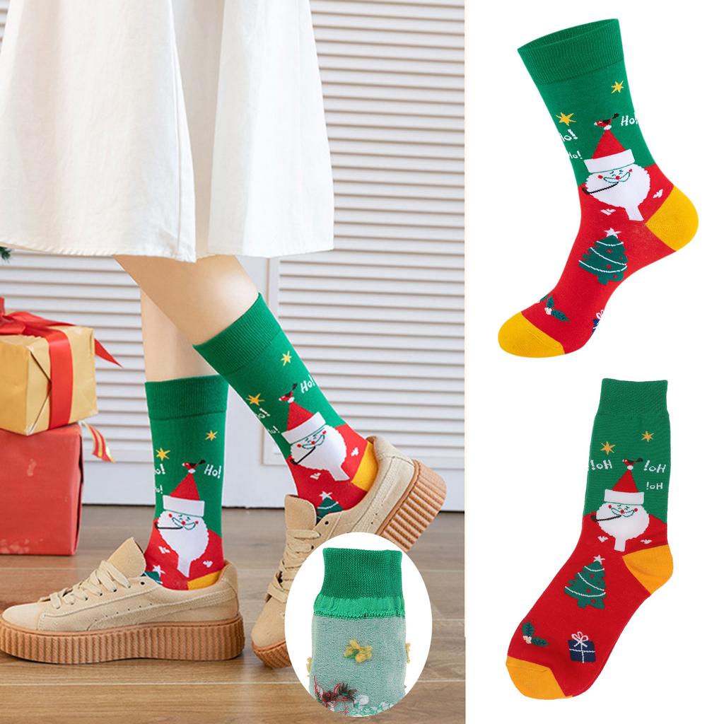 5 Pairs Set Christmas Crew Socks for Women, Cute Santa Snowman Xmas Tree Printed Cotton Socks, Winter Warm Casual Fashion Socks