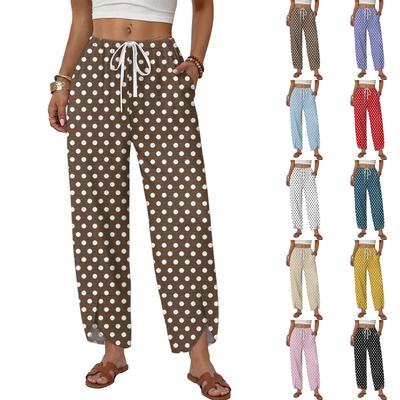 Women Casual Loose Wide Leg Pants Drawstring Waist Polka Dot Print Straight Trousers Comfortable Fit Lightweight Fabric