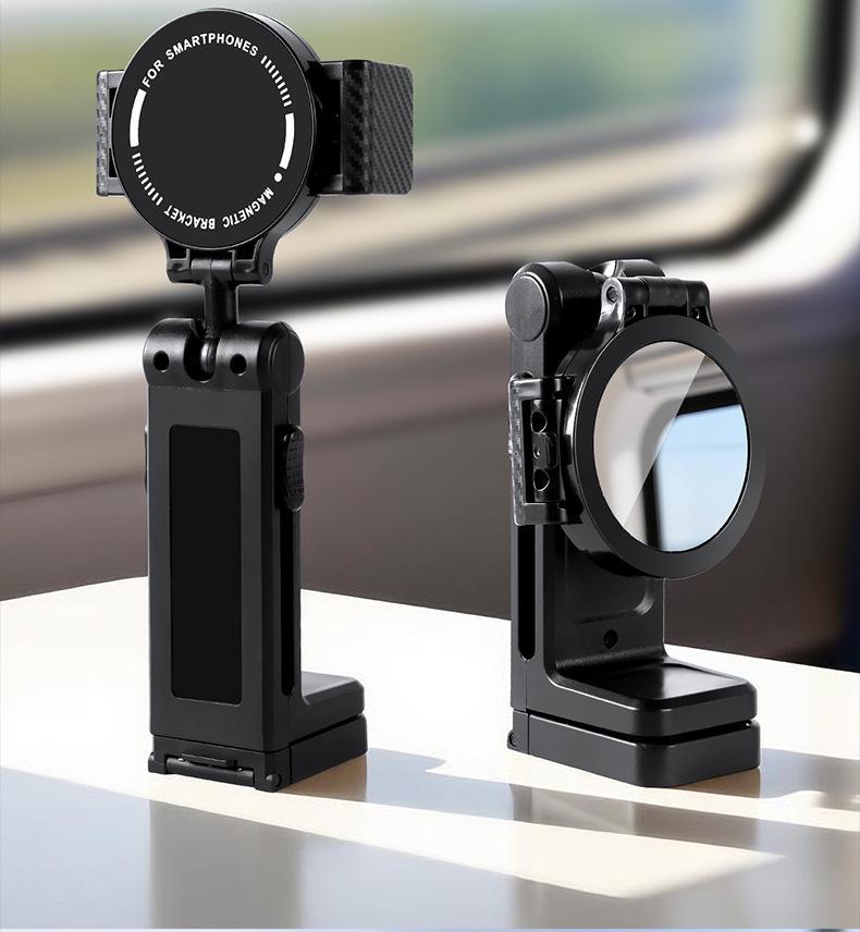 Portable Foldable Travel Phone Holder with Magnetic Clip and Mirror for Airplane and Train Tables