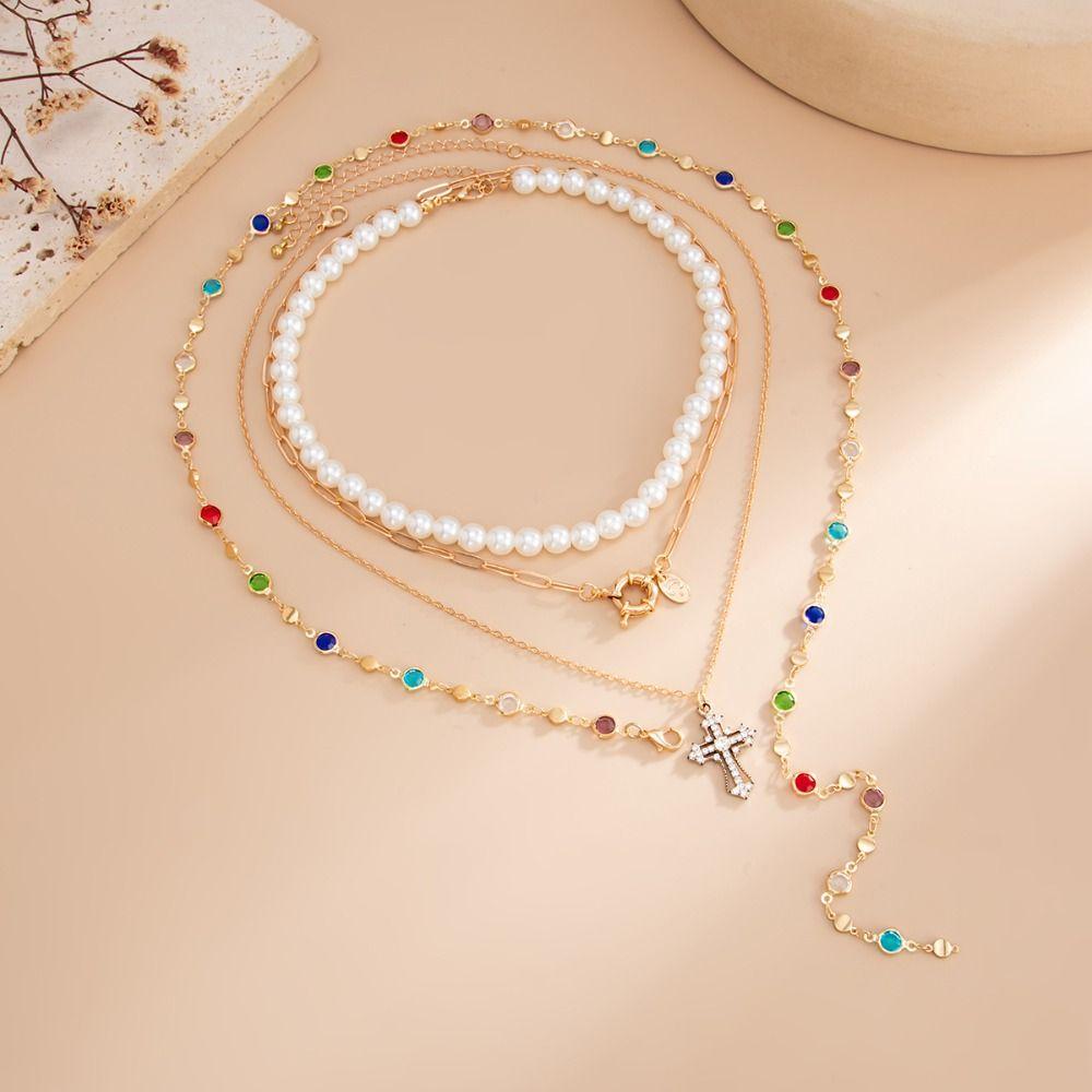 Pearl Colored Rhinestone Necklace Y-Shaped Bohemian Style Necklace Beads Chain Choker Vacation