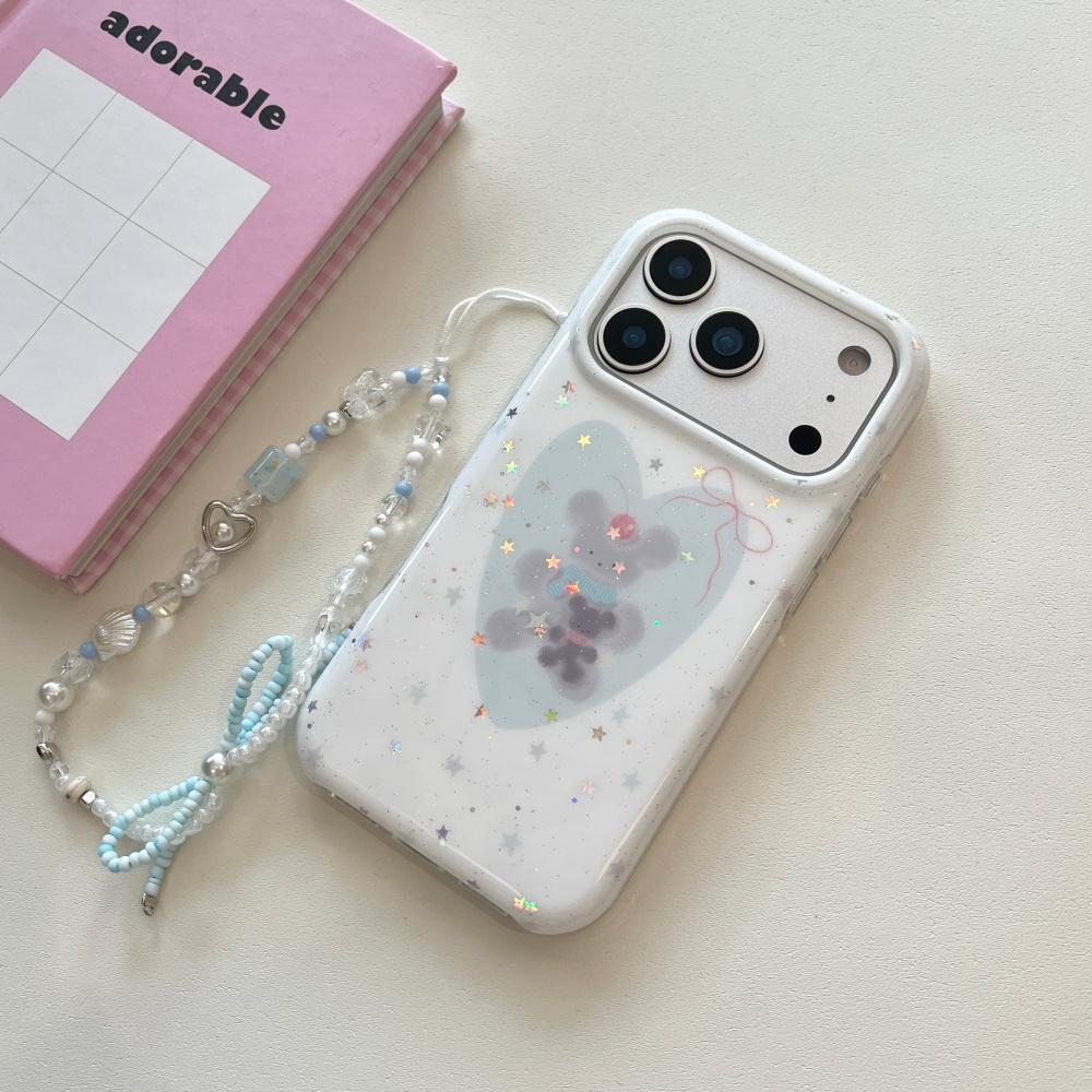 Korean wind ins little fresh stars cute blue love bear apple 13 atmosphere mobile phone case 16pro new iphone17promax with chain 15 double 14p