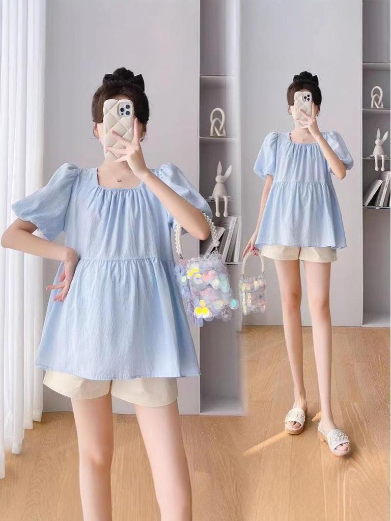 2025 Korean Style Square Neck Maternity Puff Sleeve Babydoll Top