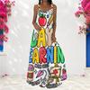 Women Plus Size Scoop Neck Strappy Sleeveless A Line Long Dress Cartoon Printed White