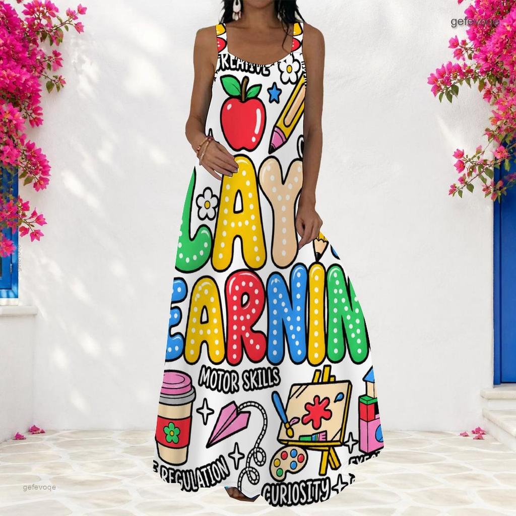 Women Plus Size Scoop Neck Strappy Sleeveless A Line Long Dress Cartoon Printed White