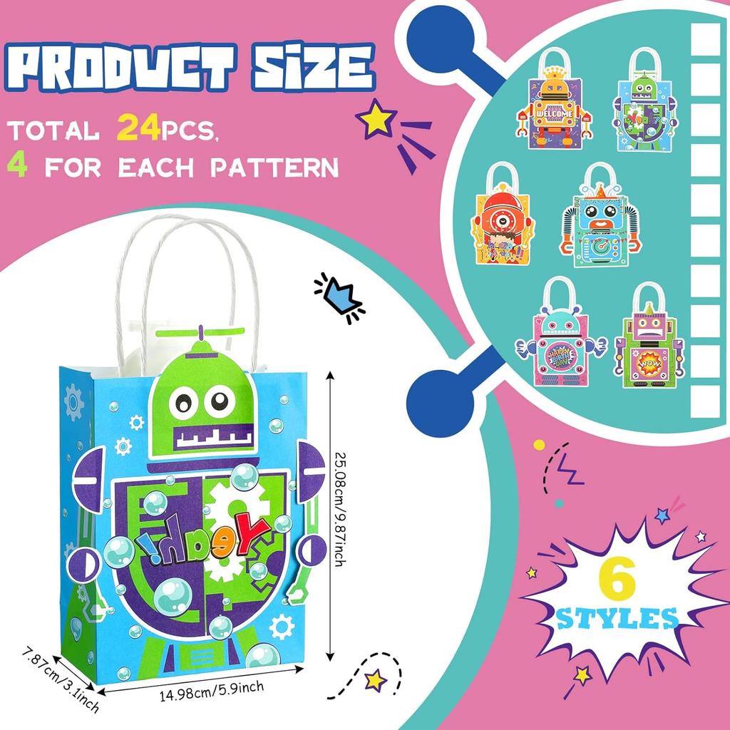 24 Pcs Robot Party Supplies Candy Gift Bags, Robot Goodie Gift Treat Bags, Kids Candy Treat Bags with Handle for Robot Themed Birthday Party