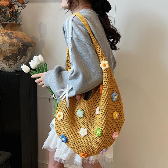 Sac à Bandoulière Bohème au Crochet Sac de Plage Tricoté avec des Fleurs Colorées Sac Cabas Léger Tissé pour Femmes Filles Vacances d'Été Voyage Pique-nique Shopping