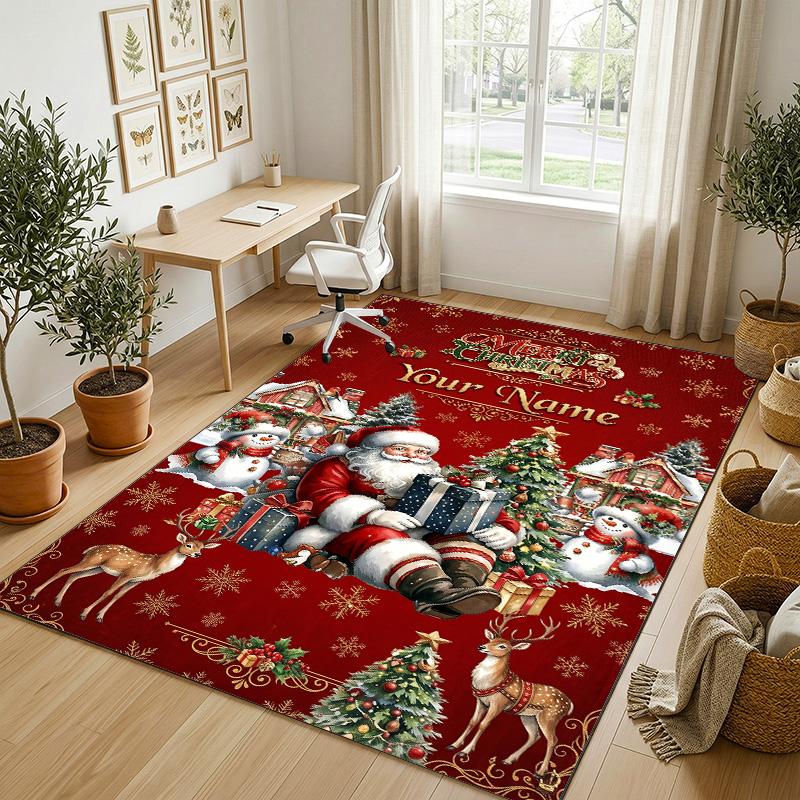 Christmas Theme Crystal Velvet Rug Personalized Custom Name Text Soft Floor Mat Home Decor