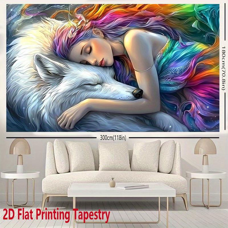 Colorful Woman Wolf Fantasy Tapestry Artistic Dream Wall Hanging Mythical Decor Bedroom Print
