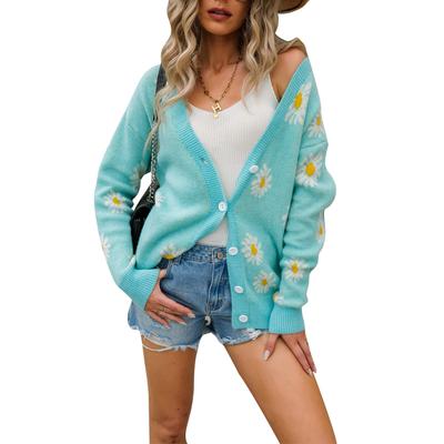 Printed Knitted Jacket V Neck Dropped Shoulder Long Sleeves Daisy Pattern Stylish Comfortable Loose