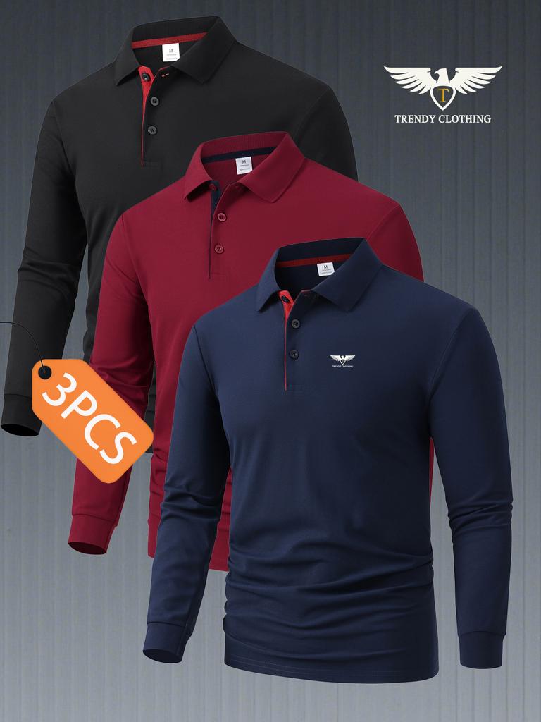 3Pcs Men Lapel Polo Shirts, Short Sleeve Regular Fit Tops, Soft Casual Tees for Daily Wear and Business Casual
