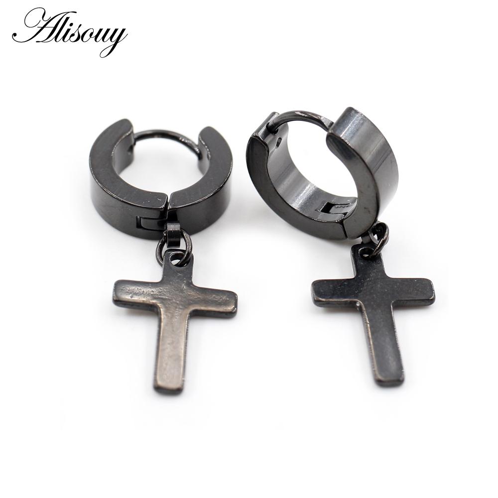 Alisouy 2PCS Stainless Steel Star Cross Snake Spike Skull Sword Blade Chain Feather Spider Dangle Women Men Huggie Hoop Earrings