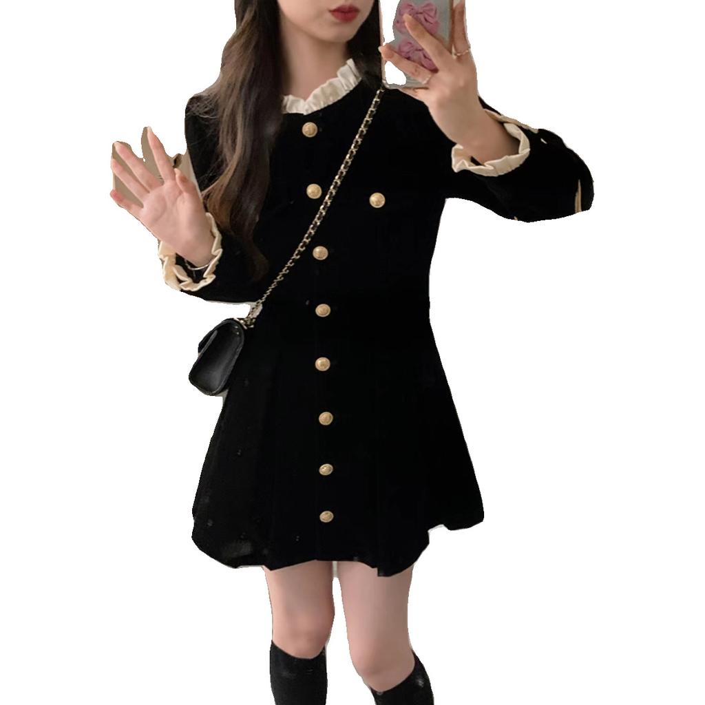 [Corduroy composite milk silk] French small fragrant Hepburn style velvet dress for children, short waist in autumn and winter