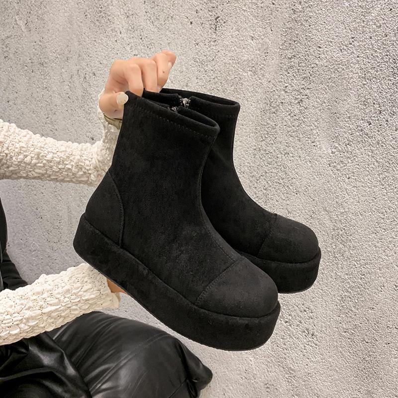 Fashion Platform Short Thigh Boots Women's Fashion Round Toe Spliced Suede Side Zipper Non-Slip and Anti-Slip Flats