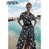 Zaprha 2025 Summer New With Belt Knotted Print Lapel Poplin Midi Dress 5029127