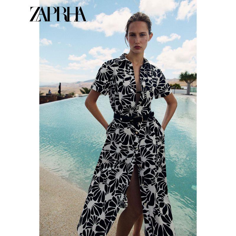 Zaprha 2025 Summer New With Belt Knotted Print Lapel Poplin Midi Dress 5029127
