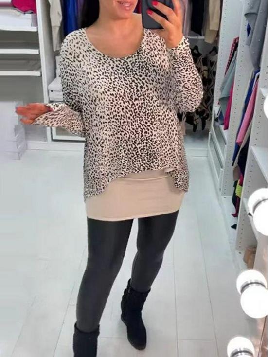 European and American Leopard Print Crew Neck Long Sleeve Two-Piece Look Women's Top - Summer 2025 Collection.
