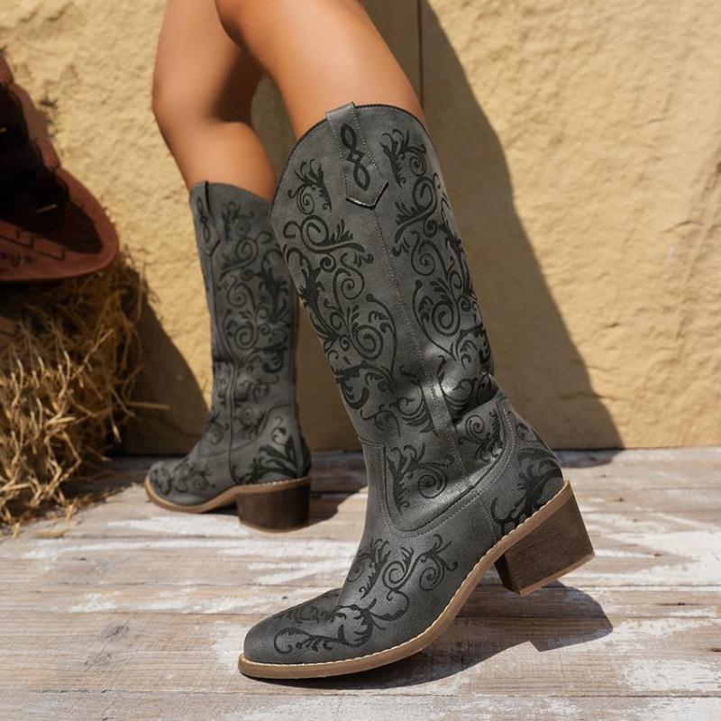 Damen Europäische Größe Holzabsatz Bestseller Western Cowboy Stiefel Kniehoch Neu Bedruckt Slipper High Heel Lederstiefel