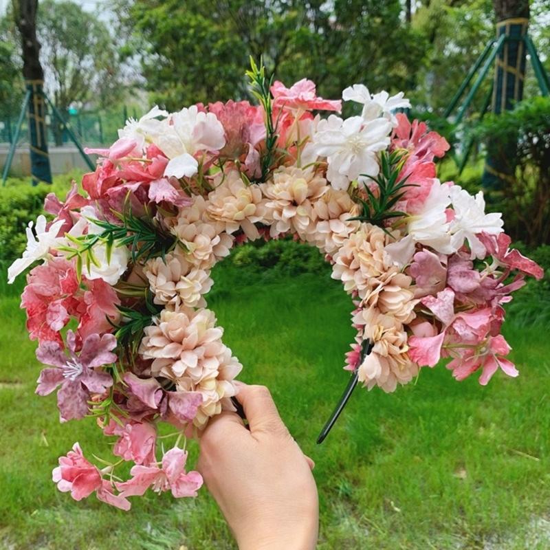 Ethnic Style Bridal Headband Hair Wreath Florals Crown Wedding Flower Headband Beach Hairband for Women Hair Accessory