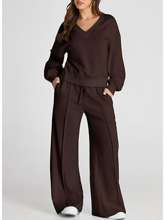 Conjunto Casual de Sudadera de Color Sólido con Cuello en V y Pantalones Largos para Mujer Otoño/Invierno 2025 - Moda Europea/Americana