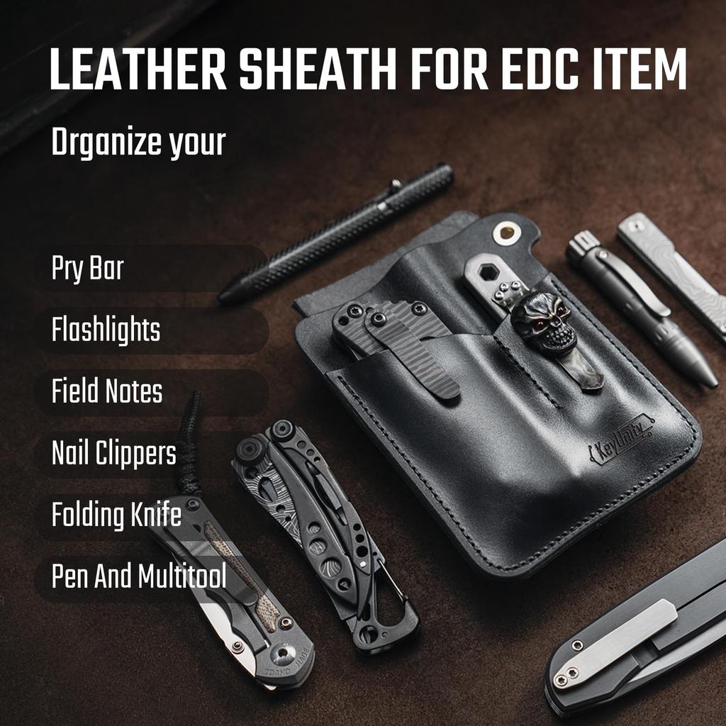 KeyUnity KL01 EDC Leather Small EDC Pocket Organizer for EDC Tool Durable Genuine EDC Sleeve for Outdoor Black Knives Pocket, Pouch, Men, 3-Pouch Bag,