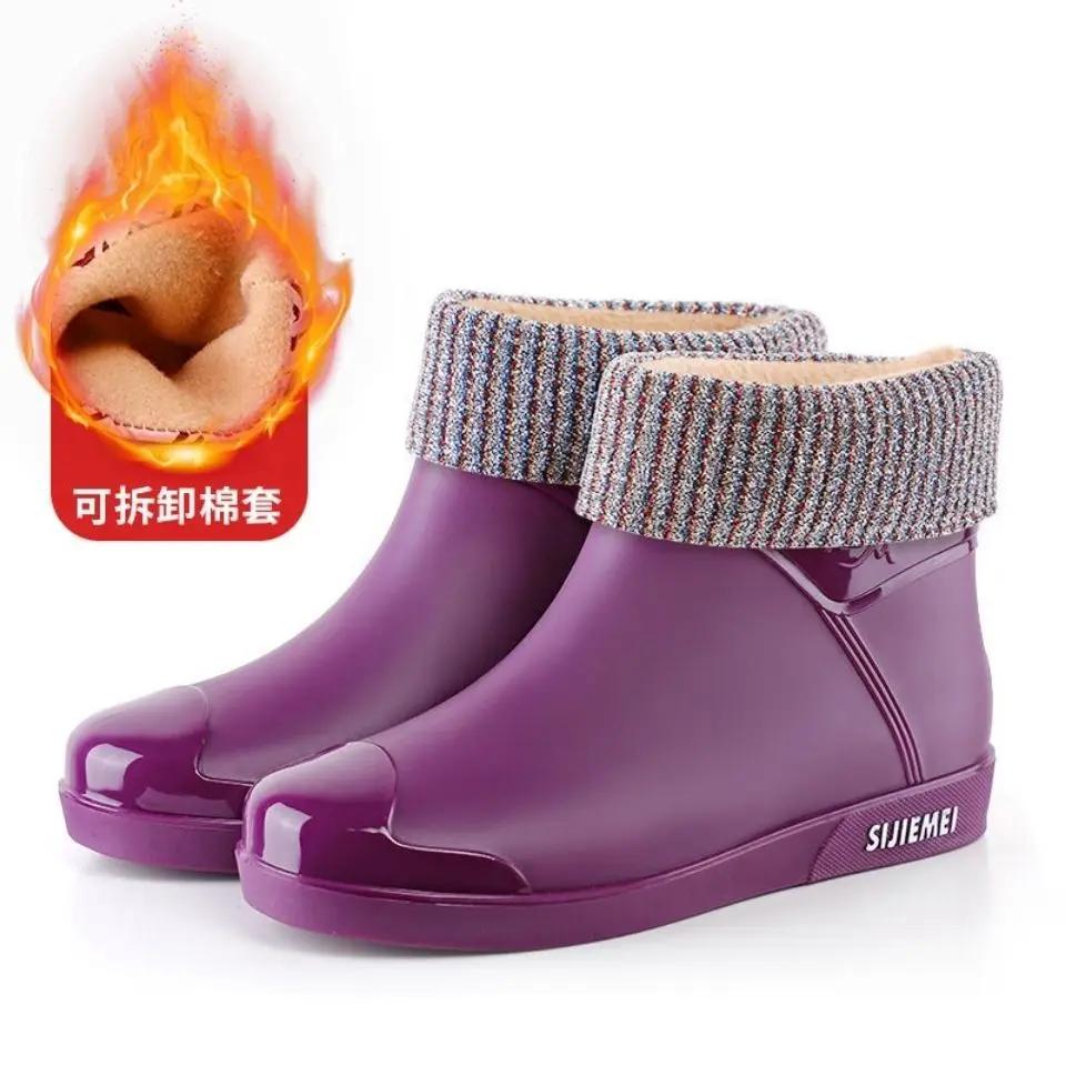 Fashion Women Rain Boots Korean High-heel Fashion Outdoor Short Tube Rain Boots Waterproof Shoes Warm Cotton Anti Slip Ankle Boots 2025