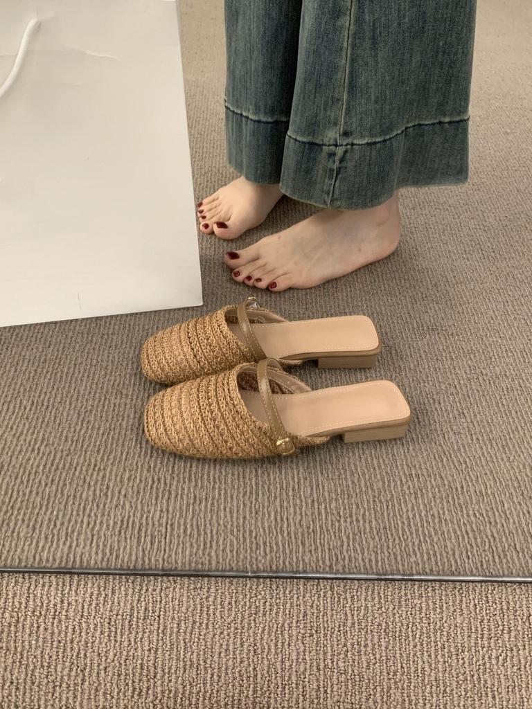 Breathable Woven Bag Head Half Slippers, Women's Summer Wear Is Not Tired, Flat Feet and One Pedal Lazy Cool Slippers