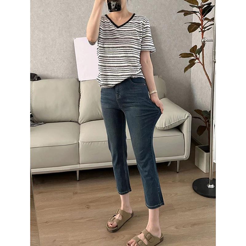 

Женские эластичные укороченные джинсы больших размеров с высокой талией — осенний стиль, узкий прямой крой. 5XL темно-синий