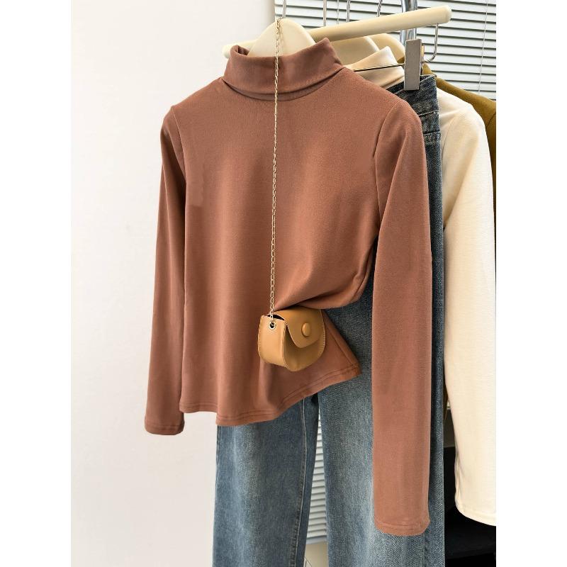

New thermal long-sleeved T-shirt women s autumn and winter German velvet polished inner slim-fitting bottoming shirt stacked collar thermal top XL темно-коричневого