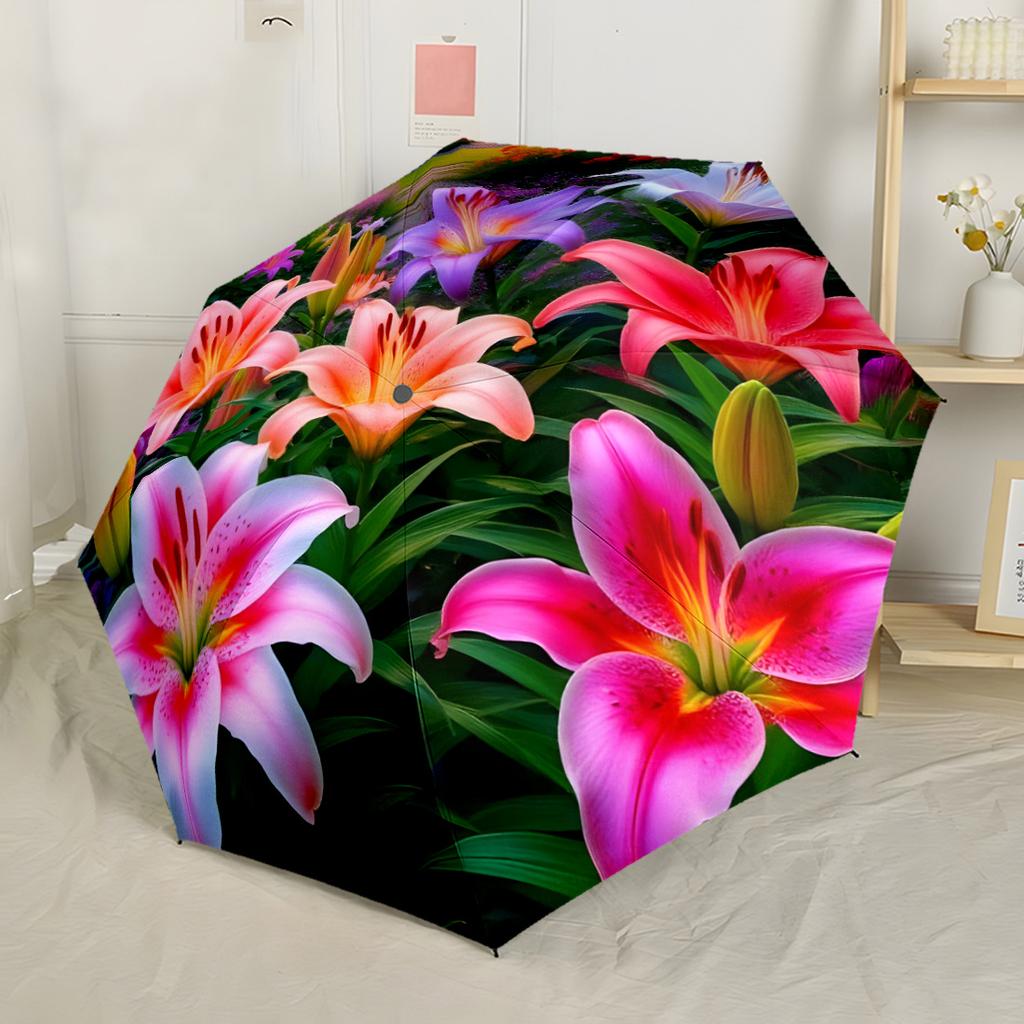 Floral Harmony In Red Automatic Umbrella Folding Umbrella with 8 Ribs Sturdy Construction Travel Essential Compact Folding Umbrella