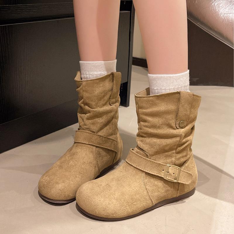 Retro pleated piled boots women's autumn new velvet warm short boots temperament versatile Martin boots