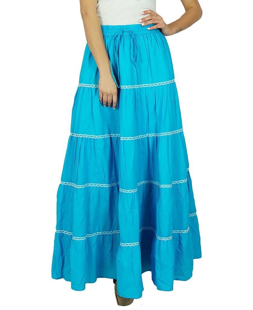 Bimba Damen Langer ausgestellter Baumwollrock Boho Maxi Unterteil Elastische Taille