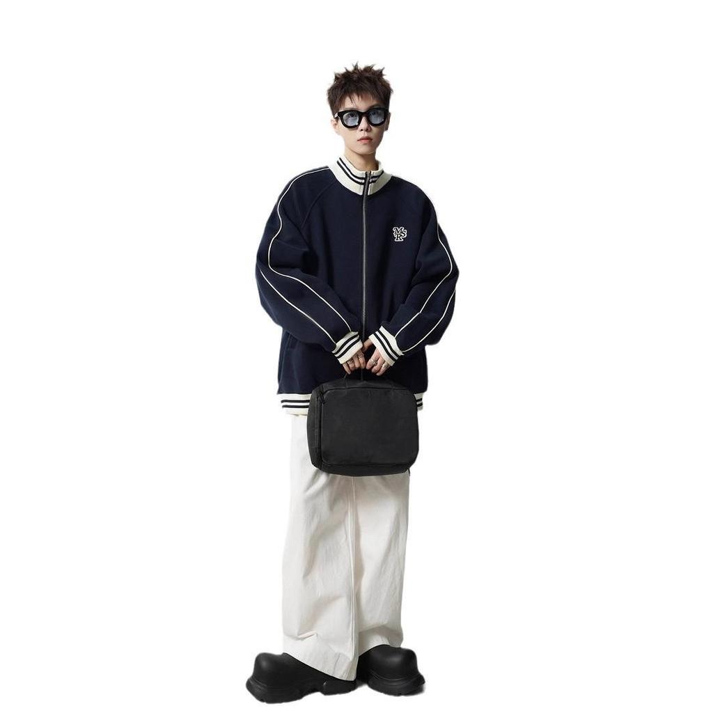 Pánská retro vysokoškolská pruhovaná baseballová bunda - Zimní fleecem podšitý vyšívaný svrchní oděv