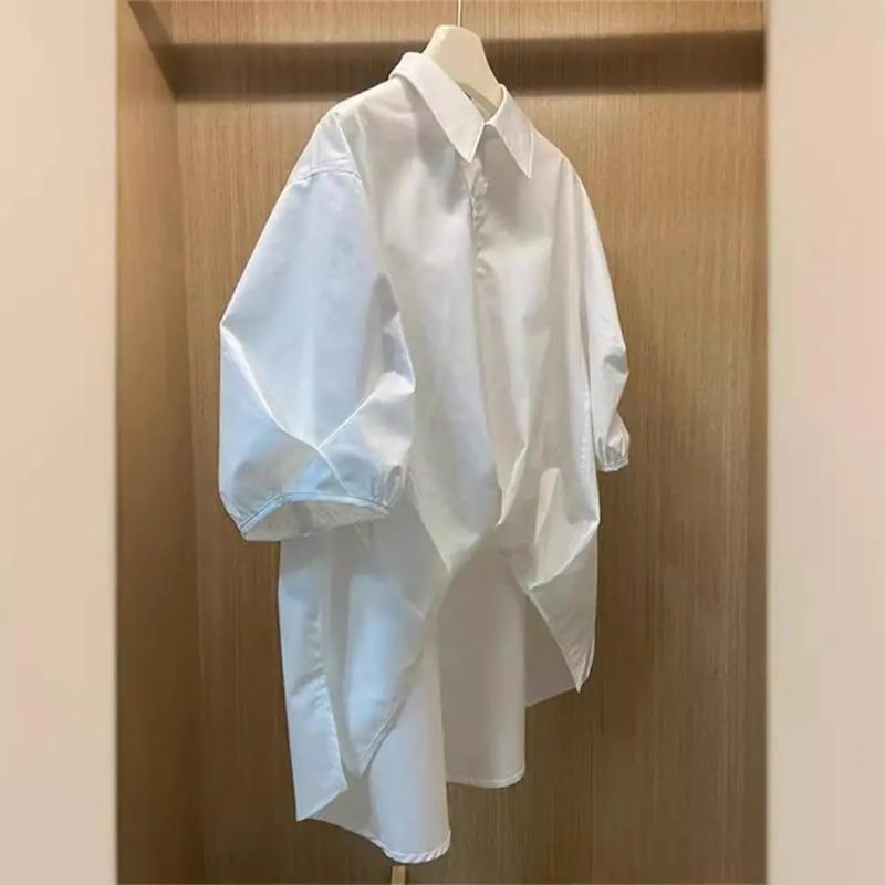 Camisa Oversize Blanca de Mujer con Mangas de Farol y Cuello