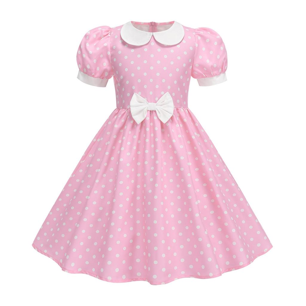 Fashion Children's Short-sleeved Polka Dot Dress With Baby Collar