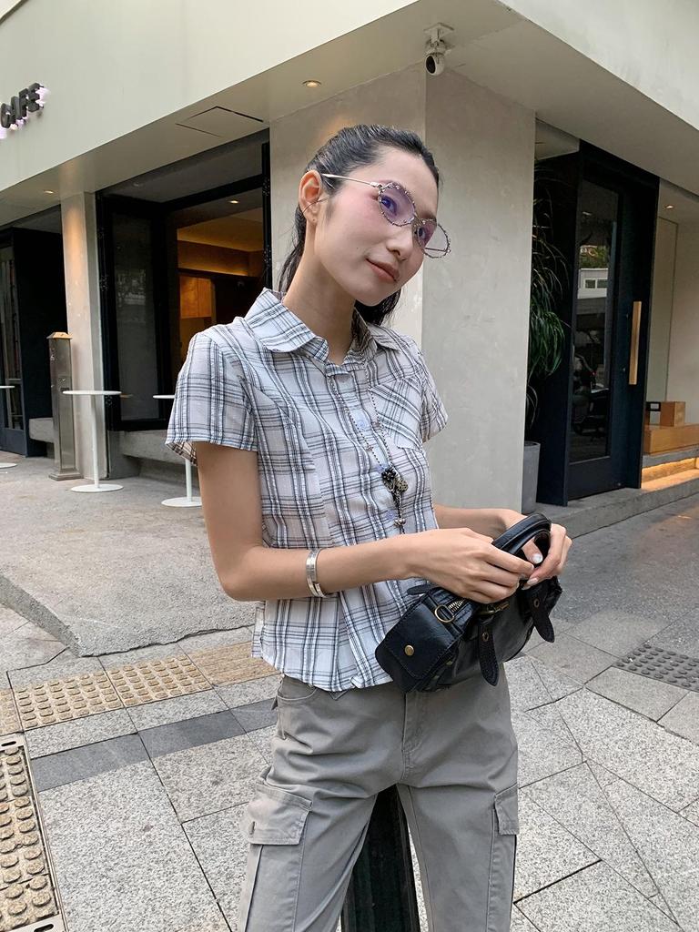 9hour Damen High-End Karohemd im koreanischen Stil, Frühling/Sommer 2026, Seitlicher Kordelzug zur Taillenbetonung, m3889