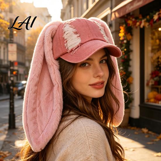 PlushLong Ear Baseball Cap with Plush Rabbit Ears Washed Distressed Peaked Hat for Bunny Ears Winter Long Dance Party Show Festivals