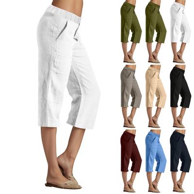 Women's Solid Color Cotton And Linen Trousers Loose 7-point Pants With Pockets