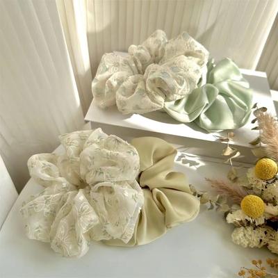2pcs/set Oversized Satin Scrunchies Lace Floral Embroidery Hair Ties Ropes Girls Luxury Ponytail Holder Lace Fairy Rubber Bands