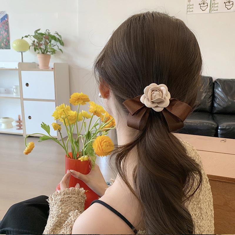 Elegant Bow Camellia Hairpin Female Super Fairy Half Tied Hair At Back Of Head Duckbill Clip Temperament Meatball Straight