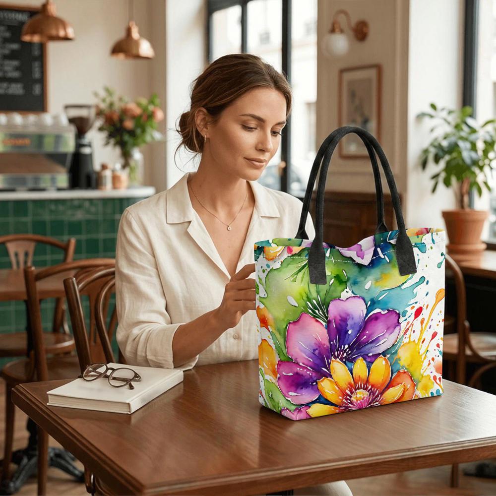 Watercolor Floral Printed Tote Bag Fashion Large Capacity Casual Handbag for Daily Use