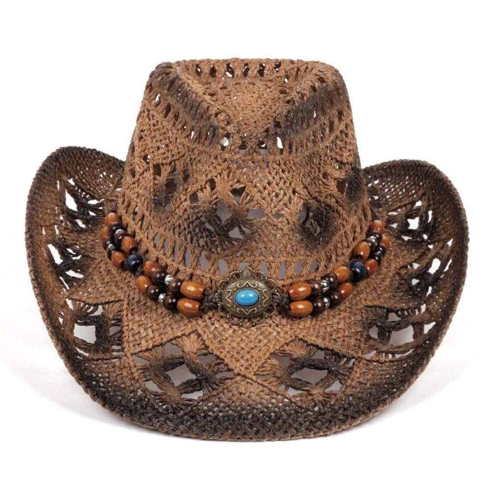 Beads Sunscreen Straw Hat Wide Brim Cowgirl Visor Cap Classic Summer Hat  Ladies