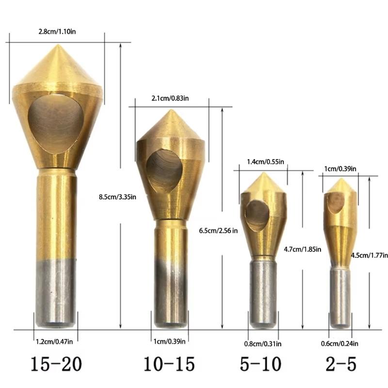 4Pcs High Speed Steel Countersink Drill Bits Set Oblique Hole Chamferer Internal Chip Removal Chamfering Deburring Tools