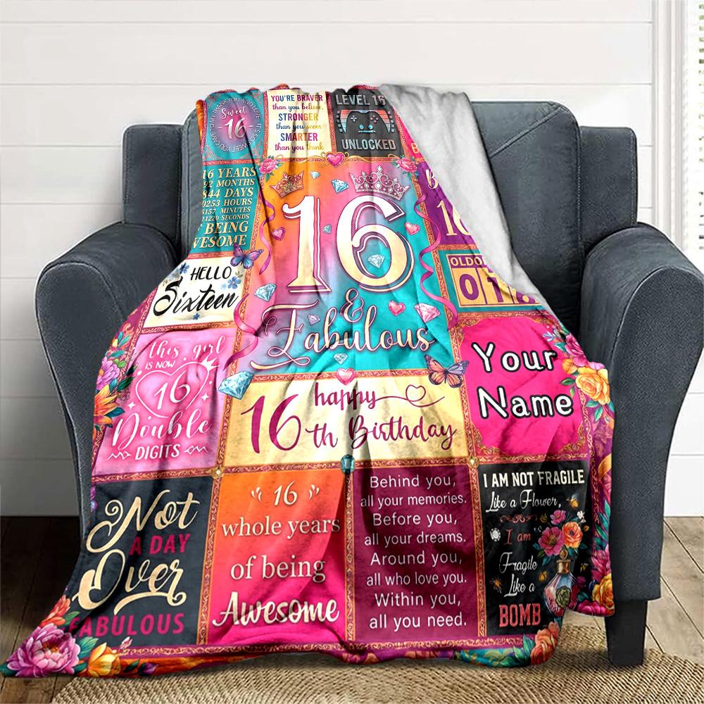 Happy 16Th Birthday Themed Blanket Personalized Name Soft Warm And Versatile For Sofa Bed Office And Travel Machine Washable Comfortable In All
