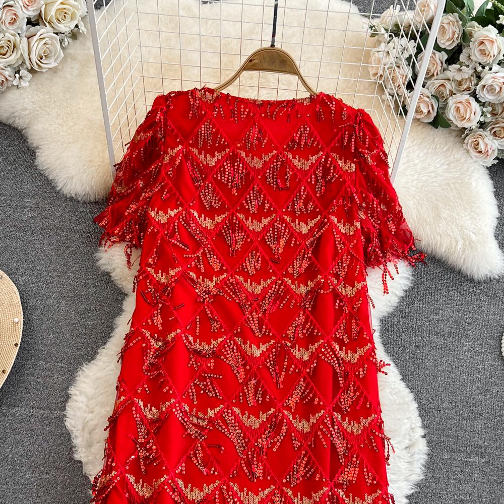Elegant Summer A-line Sequin Tassel Dress - Short Sleeve, Round Neck, Loose Fit