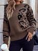 Women's Leopard Print Raglan Sleeve Knit Sweater - European & American Fashion Trend - Loose Fit Pullover with Round Neck