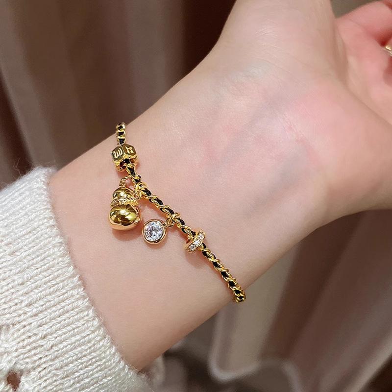 Elegant Chinese Gourd Black Rope Bracelet: Women's Luxury Red Rope Hand Jewelry