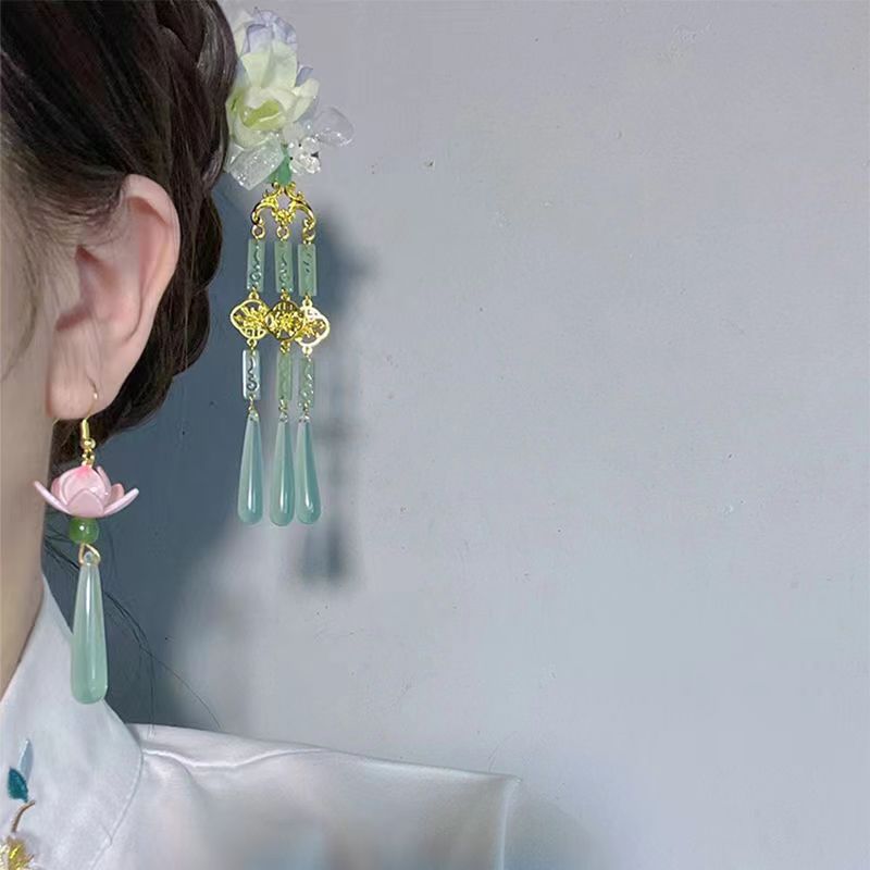 New Chinese Lotus Water Drop Pendent Long Delicate Tassel Dangle National Luxury Earring for Women Jewelry Gift