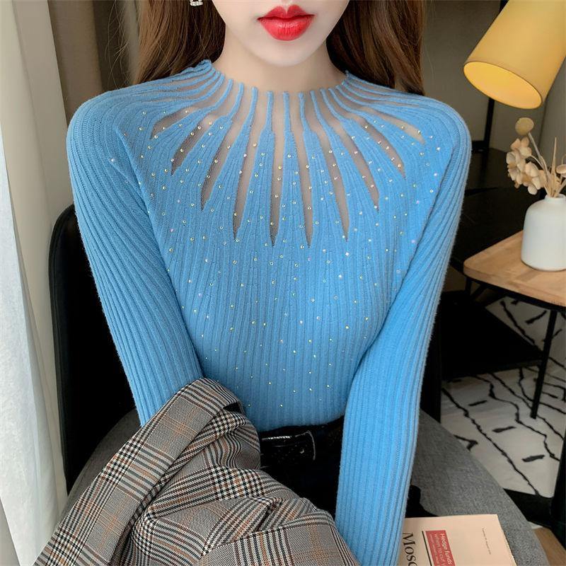 Unterziehpullover Damen Spitze Strass Slim Fit Vielseitiger Pullover Sweater Top Pulli Herbst und Winter Outfit